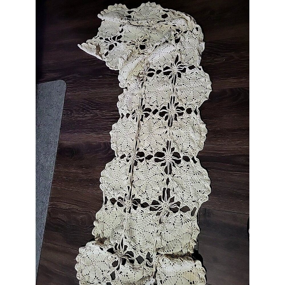 Handcrafted White Crocheted Table Runner Dresser Scarf 20x62 Inches Vintage MCM